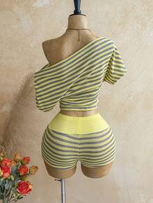 Soleia Plus Size Women's Striped Colorblock Asymmetrical Shoulder Top And Casual Sexy Shorts 2-Piece Set Beach Vacation Yellow Summer - Yellow - View 2