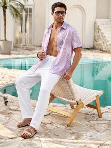 Mercer Haus Vintage Hawaii Blatt- & Blumen 3D Digital Muster Oversized, locker sitzende, leichte Kurzarm Hemd mit Knopfleiste für Herren - Mauve - Übersicht 8