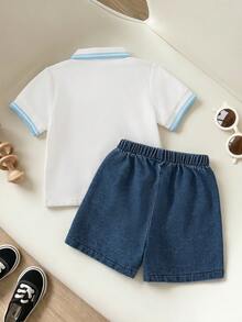 SHEIN Playful Pals 2件組男嬰休閒可愛熊圖案刺繡 Polo 領短袖上衣與淺洗藍色牛仔短褲套裝，適合春夏、戶外、室內、運動，舒適學院風 - 藍色 - 查看 3
