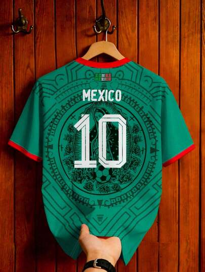 Aesthetic Post Camiseta de fútbol de México verde para hombre talla grande, camiseta de manga corta con tótem maya retro y Virgen María No.10, ropa de calle de verano, camiseta deportiva holgada casual para gimnasio, fútbol