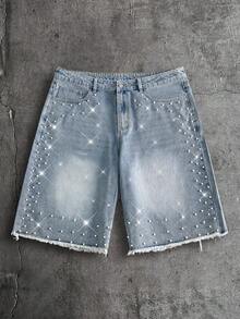 AXEPEAK Men's Black Washed Rhinestone Studded CraftsmanshipBermuda Shorts - Light Wash - View 2