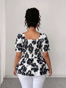 Elenzga Blusa elegante casual versátil para mujer talla grande, manga abullonada, cuello cuadrado, cintura ceñida, para vacaciones y salidas, nueva primavera/verano - Multicolor - Ver 2