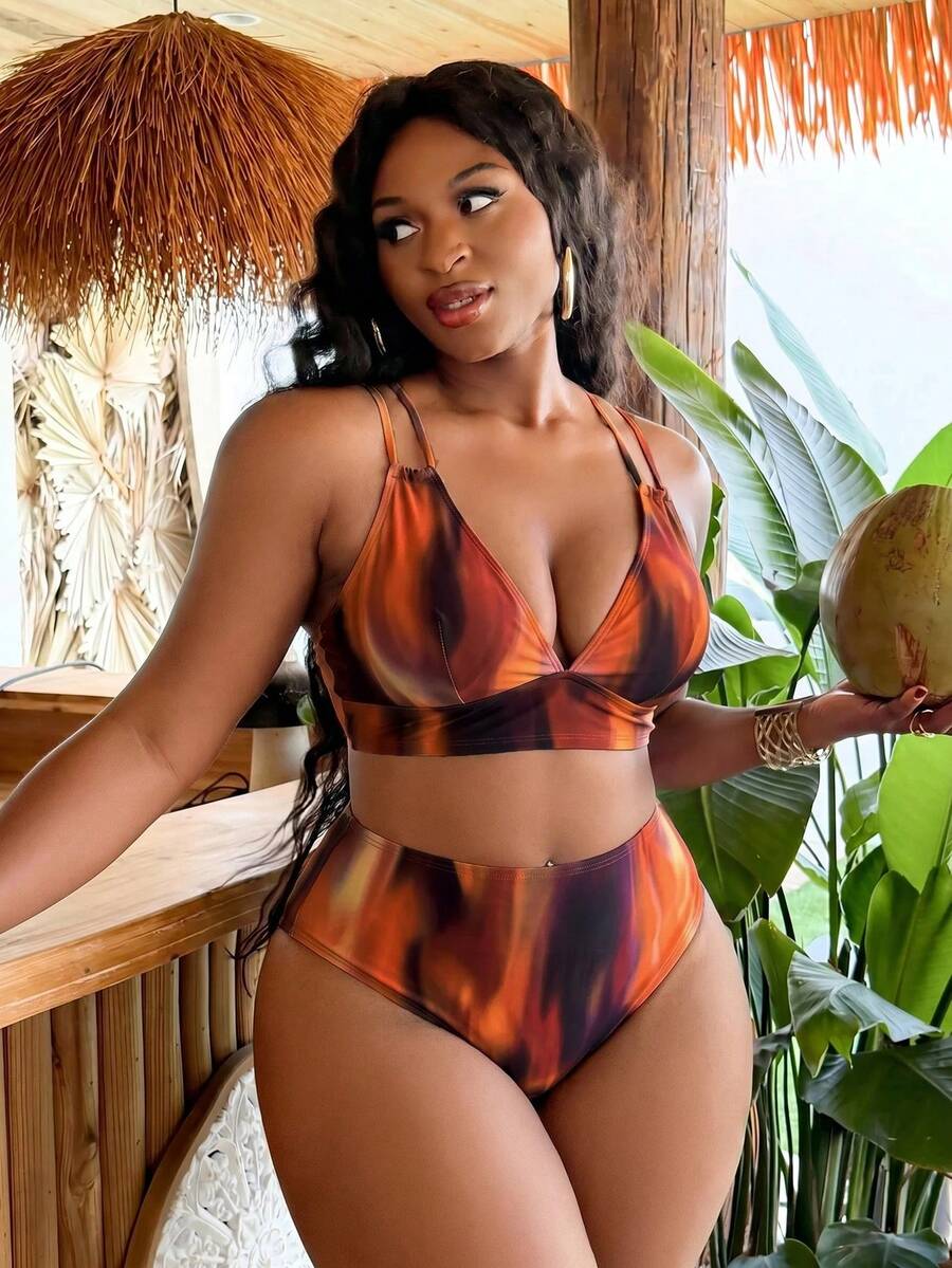 Slaydiva Plus Size Tie Dye Print Swimsuit Set For Vacation Beach - Multicolor - View 1