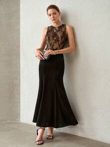 MOTF PREMIUM FRÜHLING/SOMMER ELEGANTES DAMENSTIL DATE ABENDPARTY HOCHWERTIG TRANSPARENTE SPITZE PATCHWORK TAILLENBETONEND SCHLANKMACHEND LANG ÄRMELLOSES KLEID - Schwarz - Übersicht 7
