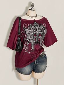 SHEIN ICON Women's Plus Size Cross Gothic Pattern T-Shirt - Burgundy - View 9