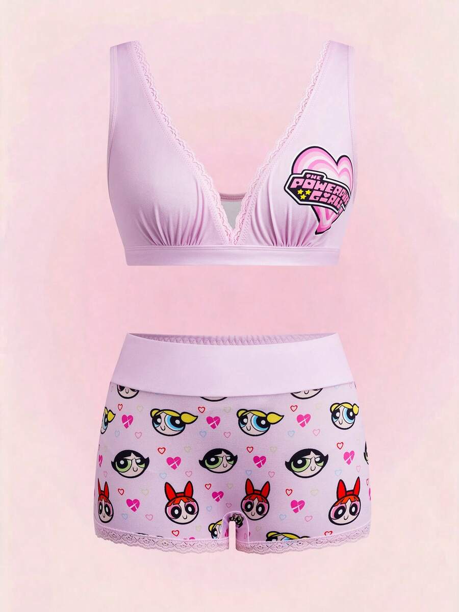 THE POWERPUFF GIRLS X SHEIN Women's Lace Trim Ruched Bra And Hipster Panty Casual Daily Lingerie Set - Pink - View 1