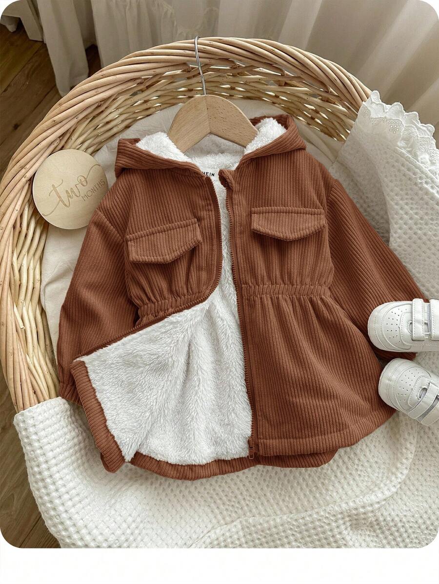 Baby Girl Cute Corduroy Hooded Thermal Lined Jacket, Autumn/Winter - Brown - View 1