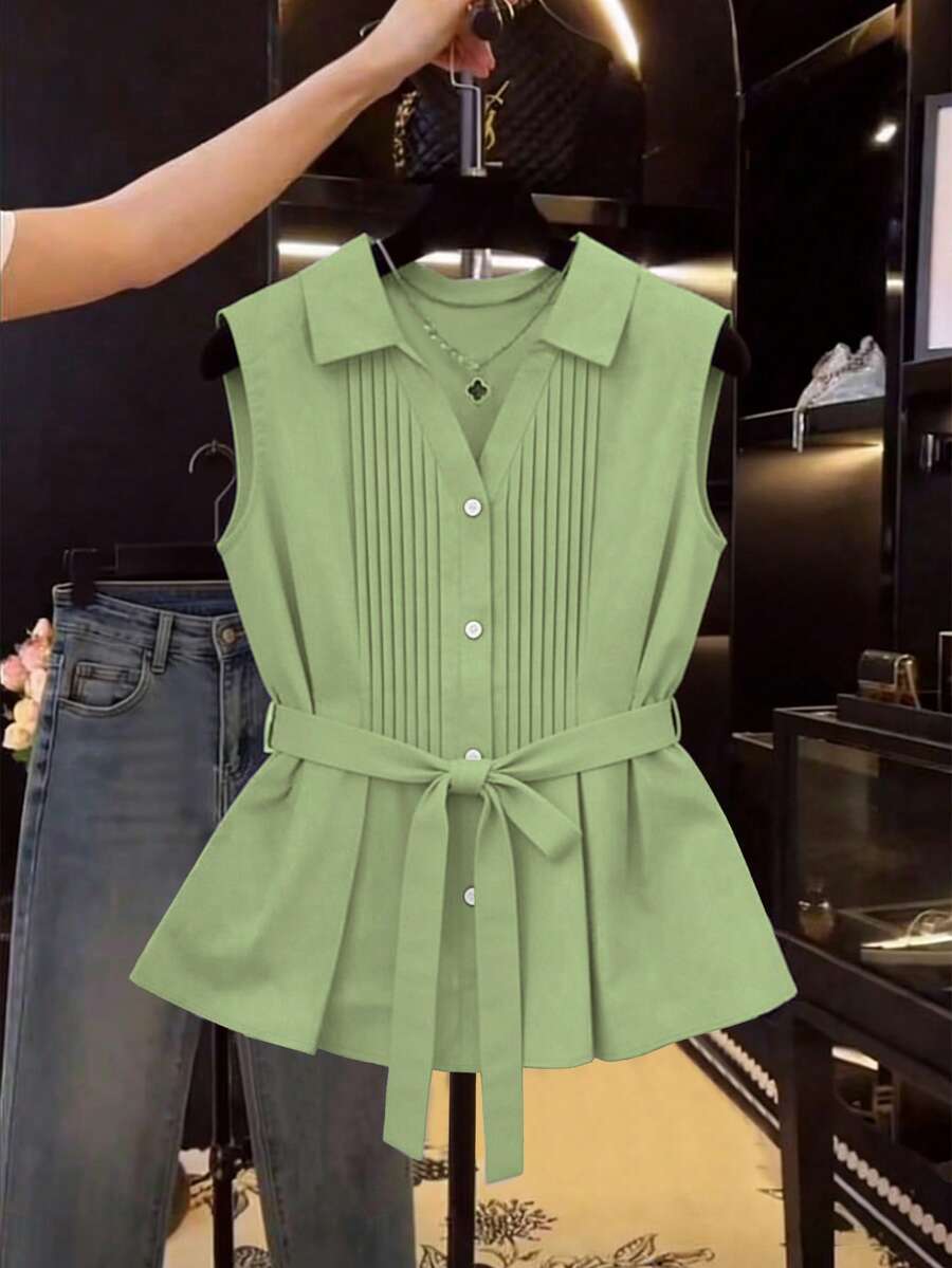 SHEIN LUNE V领褶裥无袖系带女式衬衫 - 綠色 - 查看 1