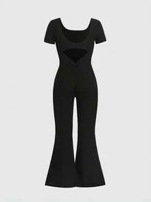 Tween Girls Tween Girl Bodysuits & Jumpsuits Casual Sporty Black Textured Knit Back Cutout Short Sleeve Jumpsuit - Black - View 2