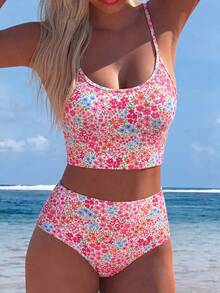 Swim Vcay Floral Print Spaghetti Strap Tankini Set (Top And Bottom) - Multicolor - View 1