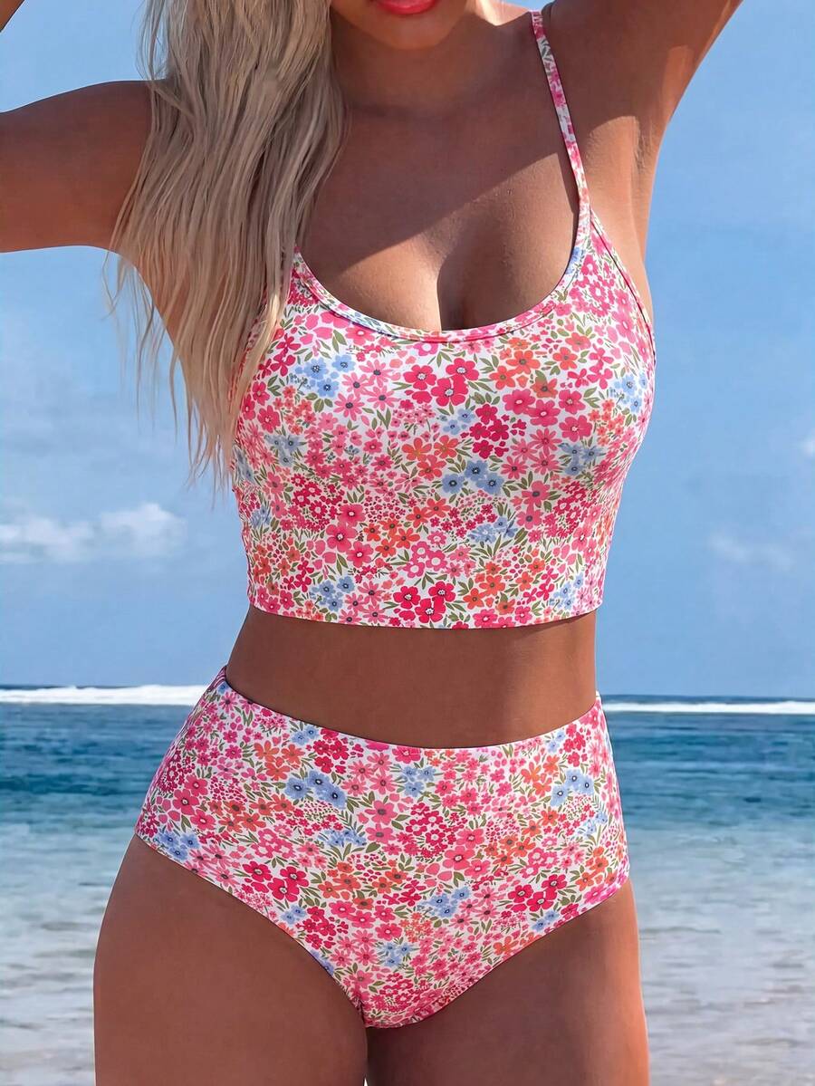 Swim Vcay Floral Print Spaghetti Strap Tankini Set (Top And Bottom) - Multicolor - View 1
