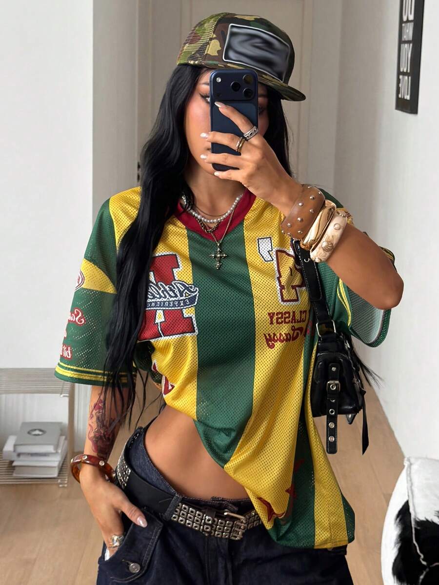 Coolane 女款夏季音樂節復古街頭風運動風數字印花大版棒球球衣T恤 - 綠色 - 查看 1