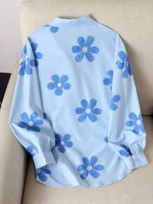 SHEIN 青少年女孩秋季新款藍色花卉印花寬鬆長袖襯衫 - 藍色 - 查看 6