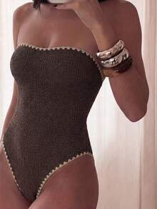 SHEIN Swim Burkini Bandeau Minimalis dengan Tepi Bergelombang untuk Wanita - MultiWarna - View 1