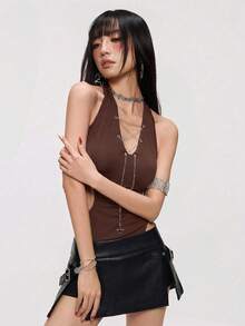 INAWLY Bodysuit Wanita Warna Polos dengan Desain Tali Rantai, Model Halter Neck, Cocok untuk Acara Malam, Musik, Pesta, Musim Panas, Warna Cokelat Tua, Seksi - Coklat - View 4
