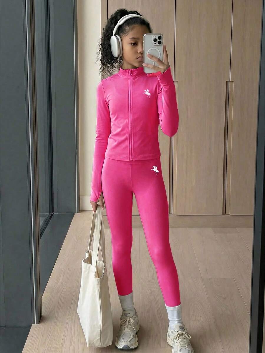 SHEIN Tween Girl 騎士印花拉鍊外套與緊身褲運動套裝 - 玫紅色 - 查看 1