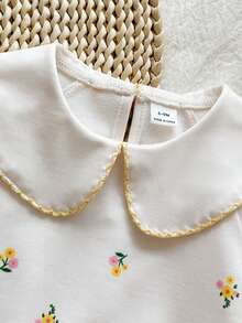 SHEIN Vintaside Kids 2baby 女嬰田園簡約可愛花卉圖案彼得潘領長袖衛衣搭配純黃色長褲，適合日常穿著、外出與運動，春秋季適用 - 黃色 - 查看 4