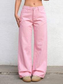 SHEIN ICON 女款口袋寬腿寬鬆休閒百搭牛仔長褲 - 賓治酒 - 查看 1