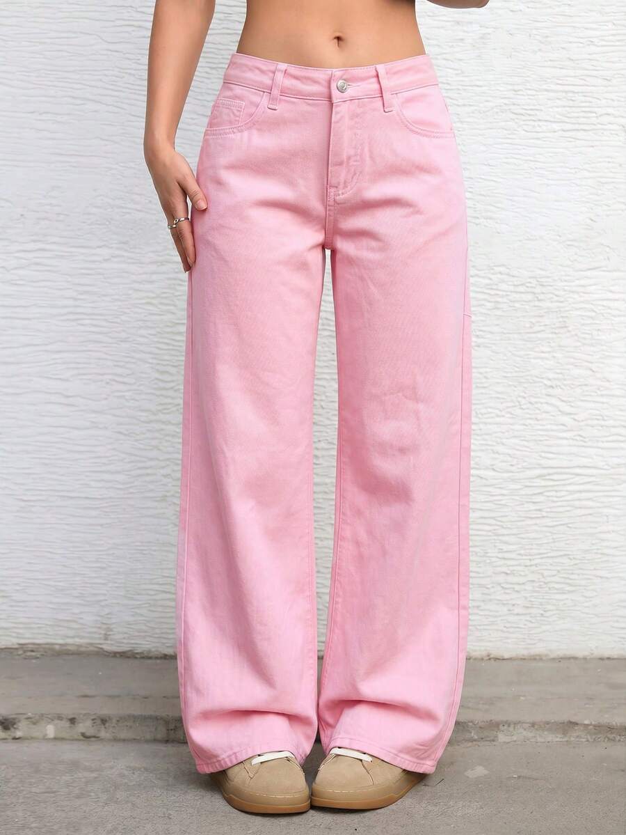 SHEIN ICON 女款口袋寬腿寬鬆休閒百搭牛仔長褲 - 賓治酒 - 查看 1