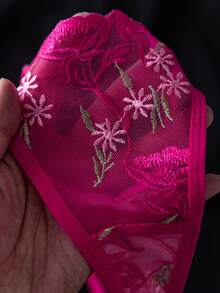 SHEIN 女款性感蕾絲拼接 3D 蝴蝶結裝飾細肩帶睡裙與三角內褲 2 件組 - 玫紅色 - 查看 6