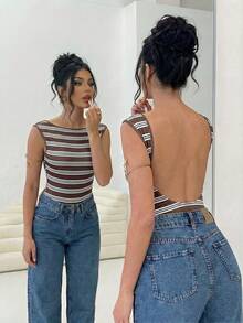 Firerie Women's Striped Fashion Contrast Color Fitted Backless Bodysuit - Multicolor - View 5