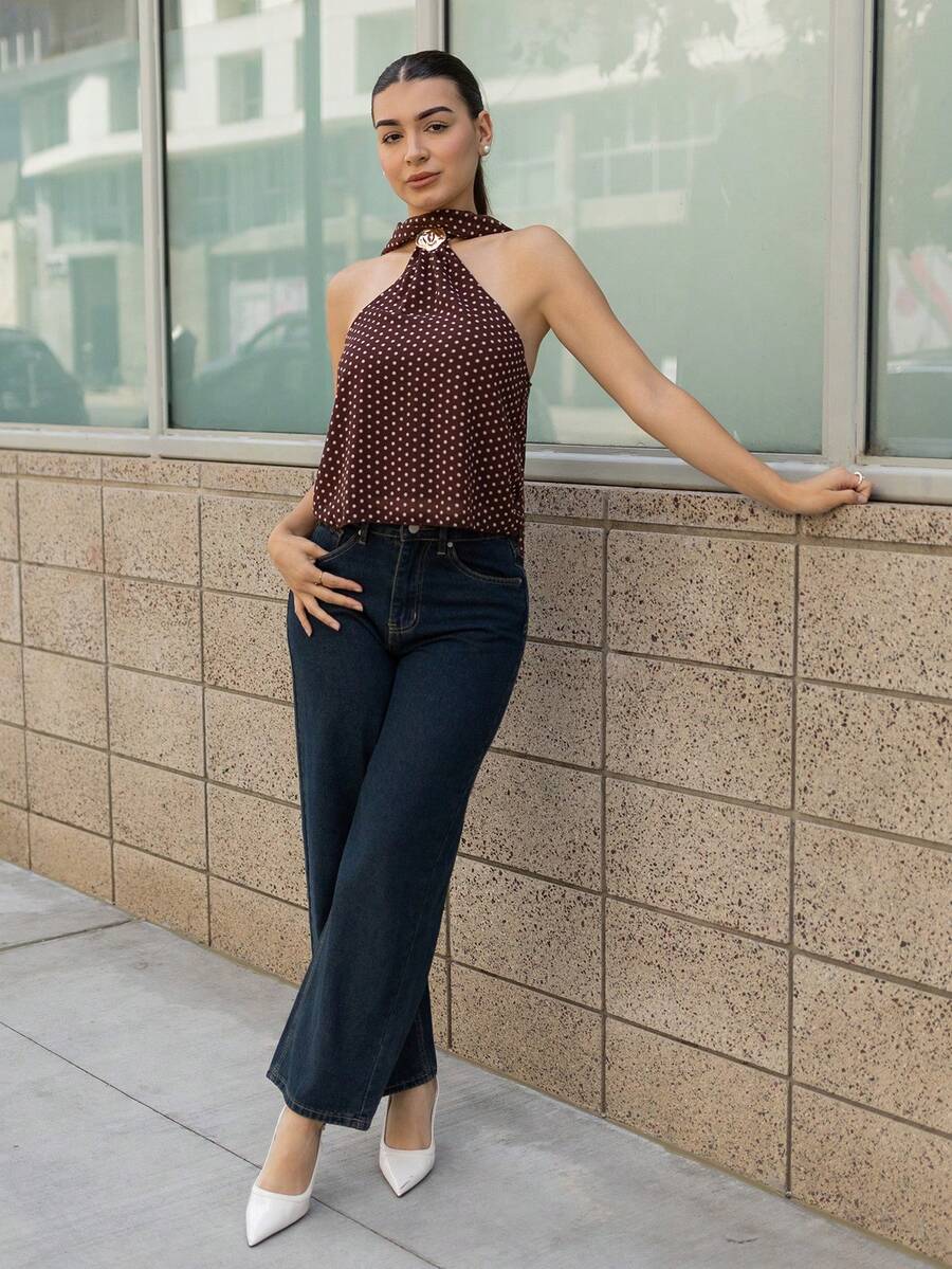 Andrea Bello Camiseta de tirantes corta con estampado de lunares linda & encantadora para mujer, uso casual vacaciones de verano - Marrón - Ver 1