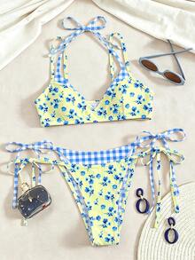 Swim Mod 夏季春假 2 件套新款隨機印花 2 合 1 側綁帶性感優雅度假比基尼套裝，適合海灘泳池派對女士泳衣 - 彩色 - 查看 2