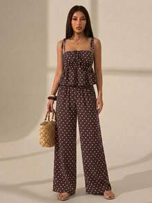 SHEIN PETITE Women's Vacation Casual Tropical Sexy Brown And White Polka Dot Print Camisole Long Pants 2 Pieces Set,Petite Beach Summer - Coffee Brown - View 4
