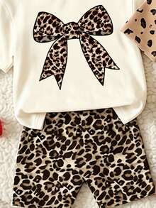 (Random 3 Sets, Send 1 Set) Girl's Creative Leopard Rabbit And Bear Pattern Leopard Bow Printed Basic Short T Plus Cycling Pants Set - Multicolor - View 4