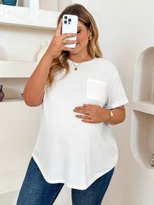 Plussiva Plus Size Maternity Basic White Loose-Fit Short-Sleeve T-Shirt For Everyday Wear Solid Color Casual Versatile Top Summer Gender Reveal Mom To Be - White - View 7