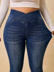 SHEIN Tall CURVE Tall CURVE 大码女士交叉腰高腰弹力紧身牛仔裤，休闲日常夏季女裤 - 藍色 - 查看 3