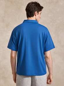 Polo de manga corta casual con media cremallera y estampado de letras de color contrastante para hombres - Azul - Ver 3