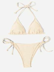 Swim Vcay Women's Solid Color Ruched Halter Tie Sexy Bikini Two-Piece Swimsuit Set - Beige - View 3