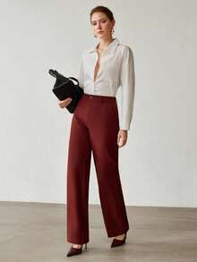 MOTF PREMIUM Pantalones de pierna recta color borgoña para mujer - Burdeos - Ver 1