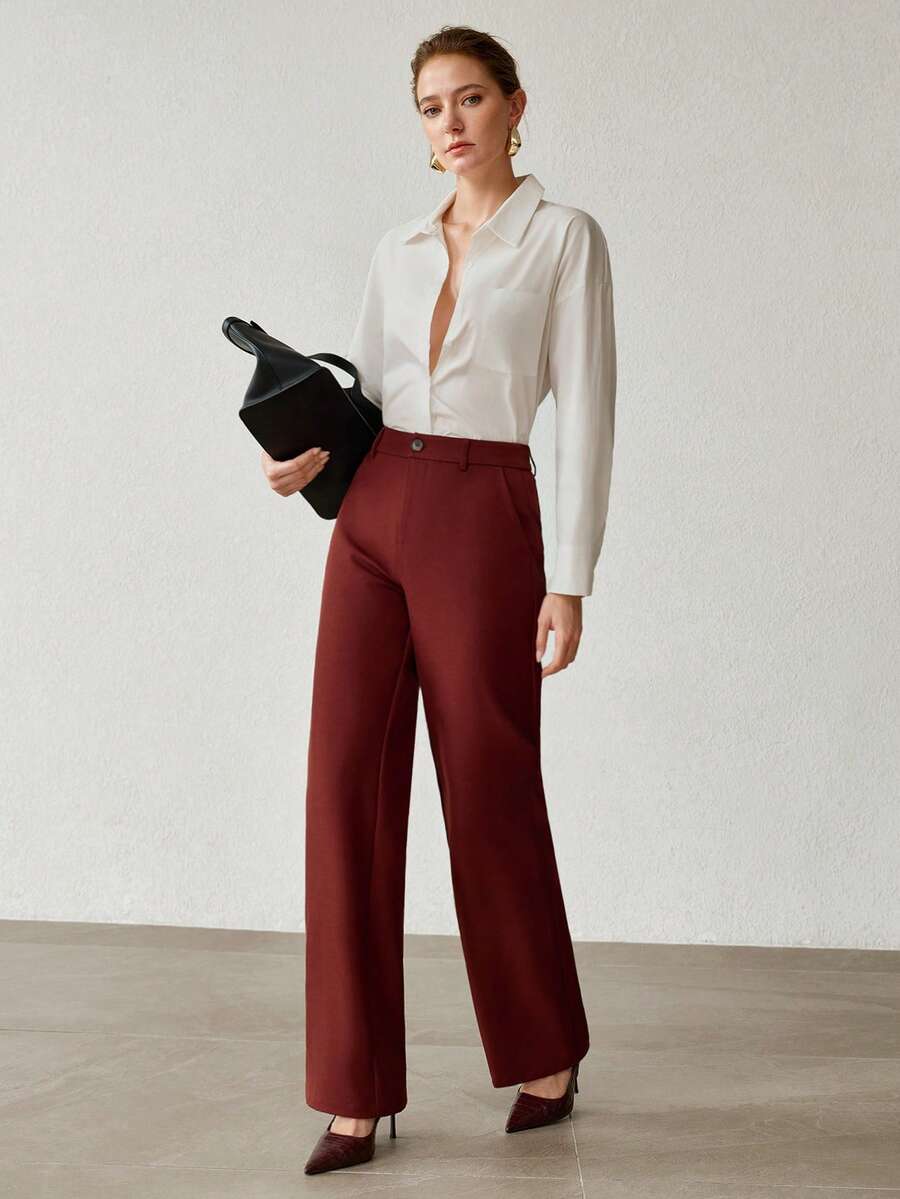 MOTF PREMIUM Pantalones de pierna recta color borgoña para mujer - Burdeos - Ver 1