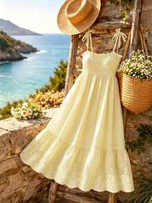 SHEIN Franclia 女款素色百褶休閒浪漫熱帶度假旅行細肩帶洋裝 野餐度假 淡黃色 夏季 - 黃色 - 查看 1