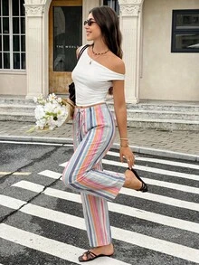 SHEIN Frenchy 女款度假休閒條紋拼接綁腰長褲 - 彩色 - 查看 4