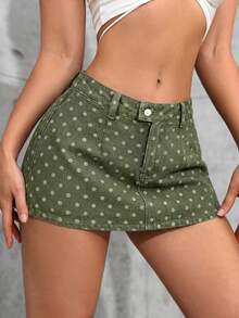 SHEIN Tall 夏季休閒波點迷你牛仔裙 - 軍綠色 - 查看 3