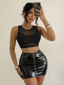 Sirith Summer Fashionable Sexy Contrast Mesh Crop Top - Black - View 4