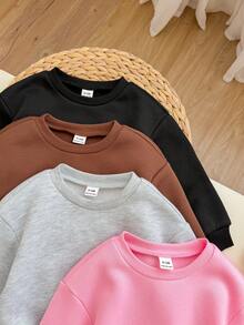 SHEIN 女嬰秋冬可愛百搭純色保暖內裡長袖運動衫 4件組 - 棕色 - 查看 4