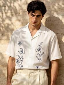 HIMLAND Men's Casual Vacation White And Blue Floral Cuban Camp Collar Shirt,Summer Short Sleeve Button Down,Line Art Minimalist Botanical Print,Relaxed Fit - White - View 1