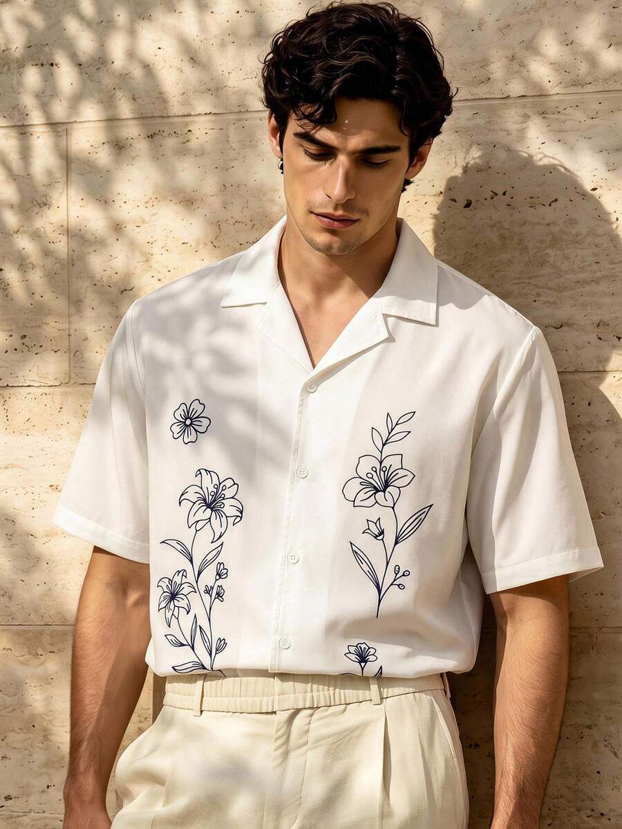 HIMLAND Men's Casual Vacation White And Blue Floral Cuban Camp Collar Shirt,Summer Short Sleeve Button Down,Line Art Minimalist Botanical Print,Relaxed Fit - White - View 1