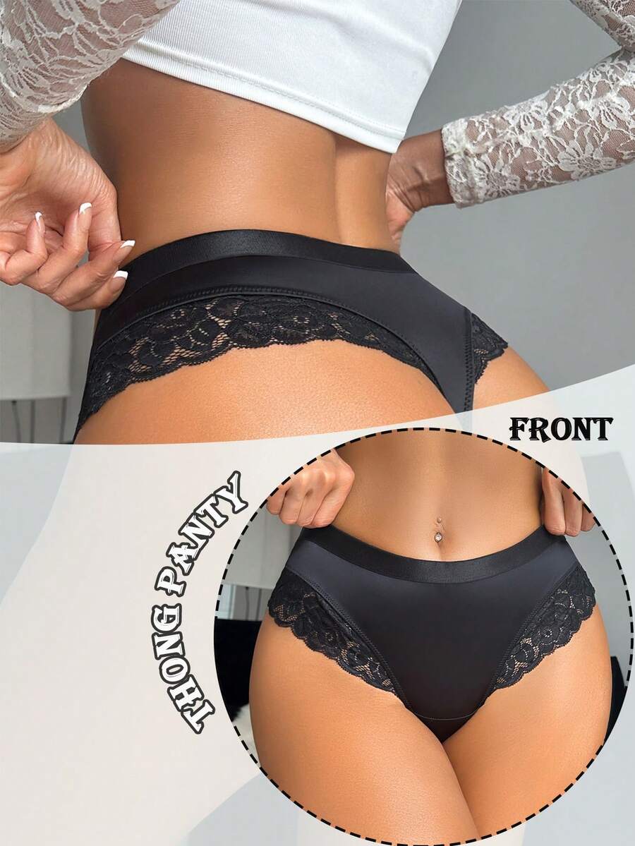 Seduluxe 1pc Women Lace Insert Thong Panties, Black - Black - View 1