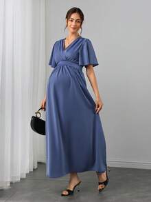 Momance Elegant Maternity Maternity Solid Color Side Slit Maternity Dress For Summer Photoshoot Dusty Blue Photoshoot - Blue - View 3