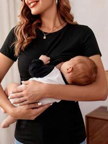 Slowluna Maternity Solid Nursing Tee World Cup - Black - View 5