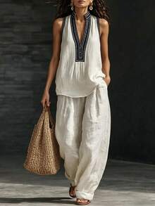 SHEIN Holidaya Women's Sleeveless Minimalist Boho Neckline Pattern Decor Two Pieces Set, Casual Outfit, Vacation, Holiday, Summer Wear, Cream White Top, Pants - Apricot - View 5