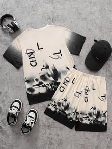 SHEIN 2pcs/Set Teen Boy Fashion Letter Print Short Sleeve Crew Neck T-Shirt And Shorts Set, Comfortable Fabric, Stylish Fit, Spring/Summer New Style, Suitable For Multiple Seasons And Occasions - Multicolor - View 2