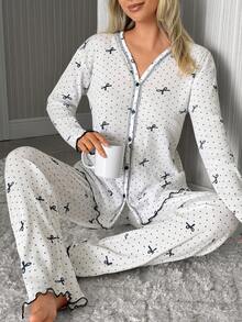 SHEIN 女款棉質 2 件組羅紋針織荷葉邊飾白色對比色蝴蝶結波點圖案前開鈕扣長袖縫線細節襯衫與長褲家居舒適休閒睡衣套裝 - 白色 - 查看 5