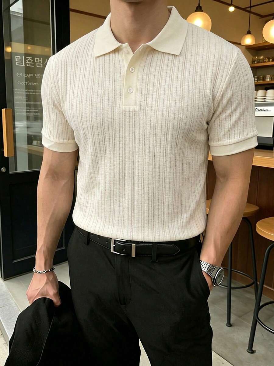 Core Aspect Men's Summer Short Sleeve Button-Up Solid Color Minimalist Polo Shirt - Apricot - View 1