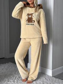 SHEIN طقم بيجامة ناعم من الفرو بتصميم دب الفضاء الحالم - بني - مشاهدة 3